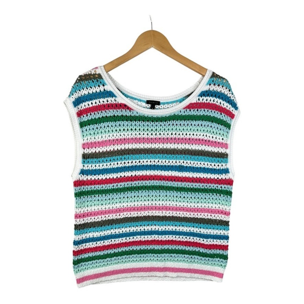 Talbots Sweater‎ Vest Crochet Crewneck Pullover Rainbow Stripe Womens Sz Medium